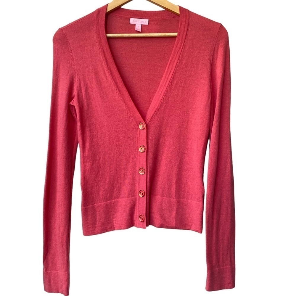 Lilly Pulitzer‎ Dress Casual V Neck Pink Wool Blend Cardigan Sweater
